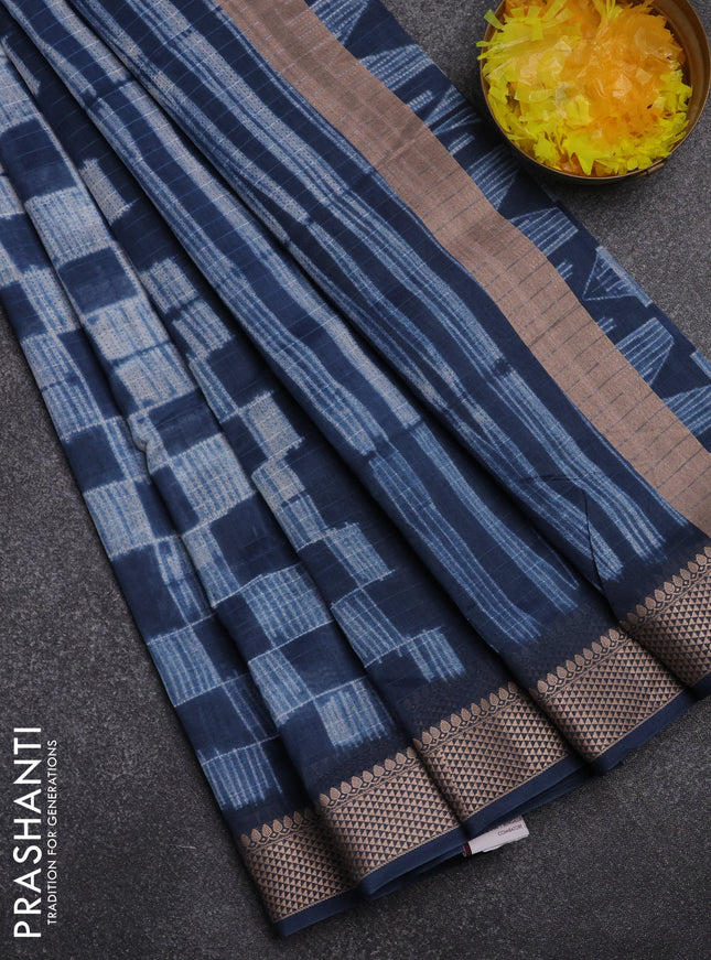 Maheshwari silk cotton saree dark peacock blue with allover shibori prints and thread woven border