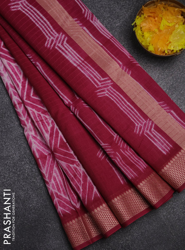 Maheshwari silk cotton saree dark magenta with allover shibori prints and thread woven border