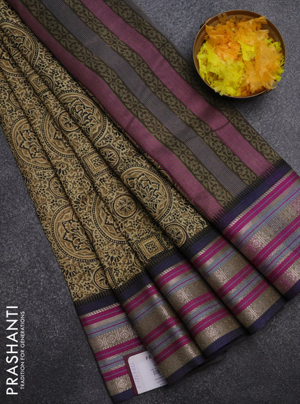 Maheshwari silk cotton saree olive green and multi colour with allover ajrakh prints and thread & silver zari woven border