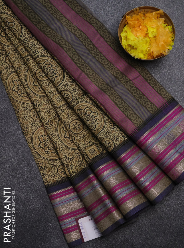Maheshwari silk cotton saree olive green and multi colour with allover ajrakh prints and thread & silver zari woven border