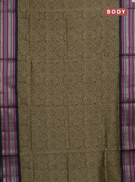 Maheshwari silk cotton saree olive green and multi colour with allover ajrakh prints and thread & silver zari woven border