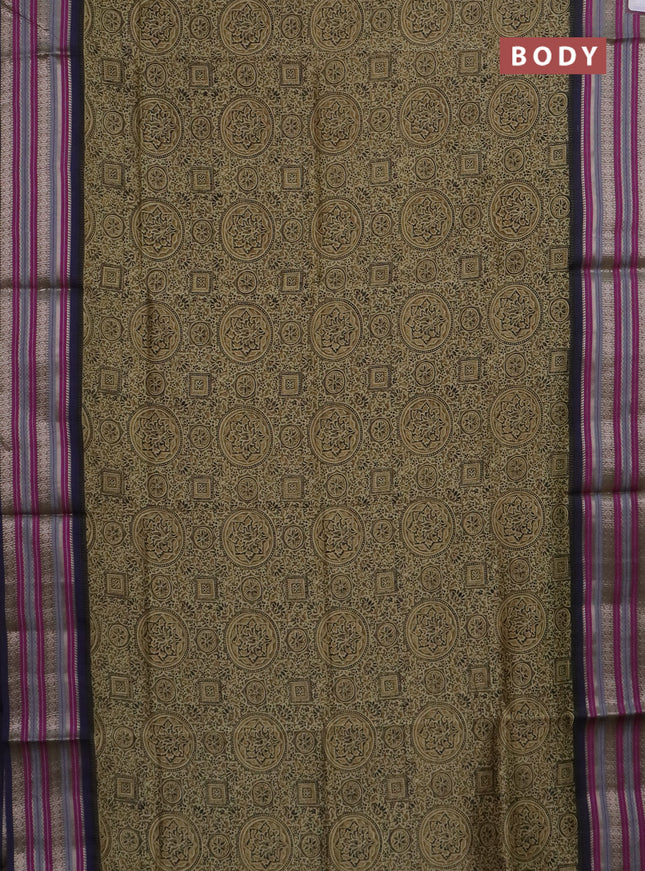 Maheshwari silk cotton saree olive green and multi colour with allover ajrakh prints and thread & silver zari woven border
