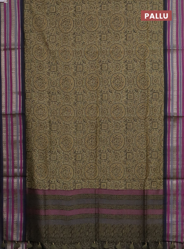 Maheshwari silk cotton saree olive green and multi colour with allover ajrakh prints and thread & silver zari woven border