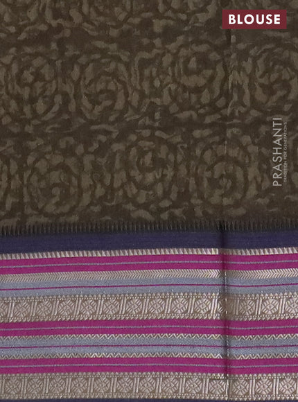 Maheshwari silk cotton saree olive green and multi colour with allover ajrakh prints and thread & silver zari woven border