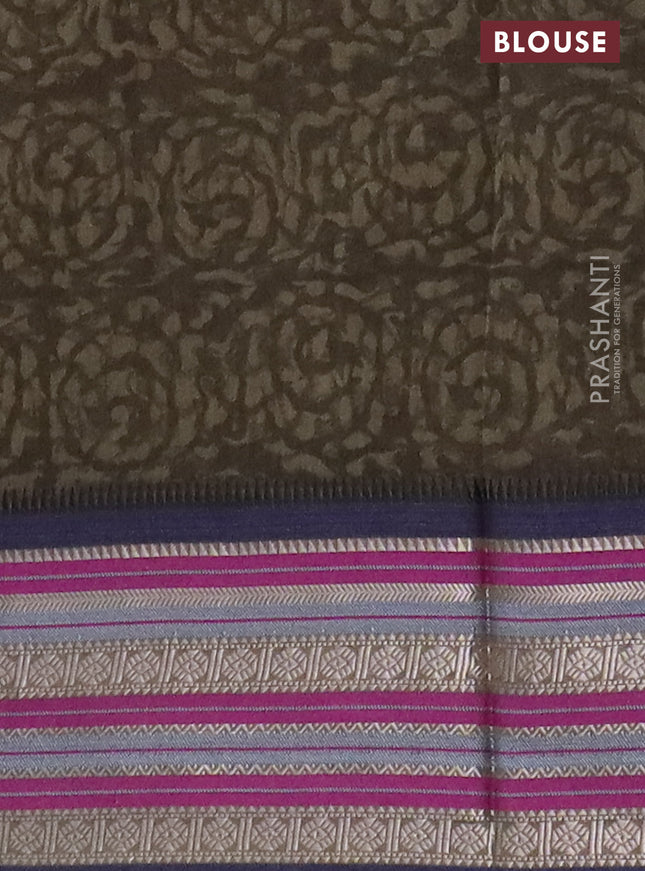 Maheshwari silk cotton saree olive green and multi colour with allover ajrakh prints and thread & silver zari woven border