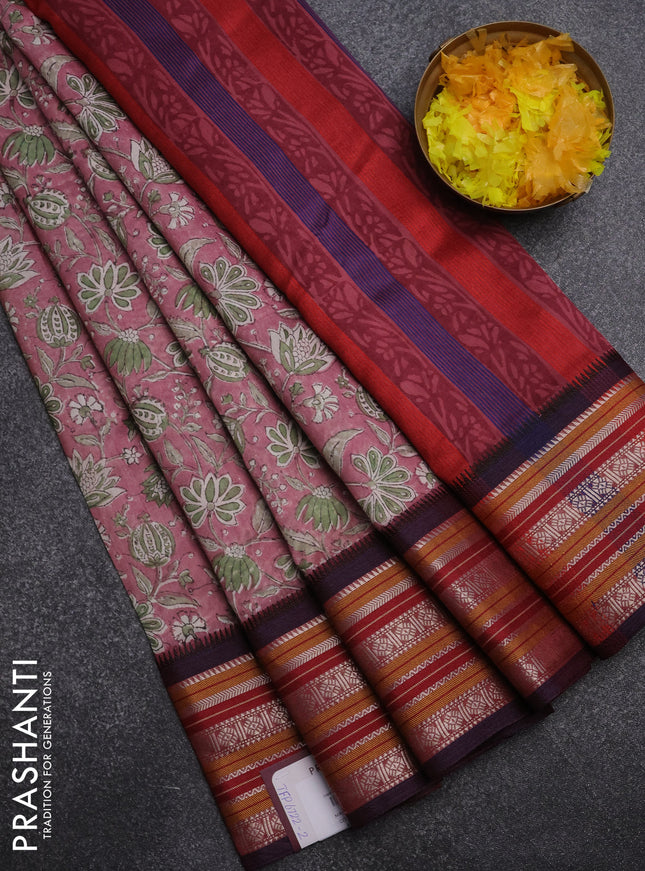 Maheshwari silk cotton saree pastel pink and multi colour with allover kalamkari prints and thread & silver zari woven border
