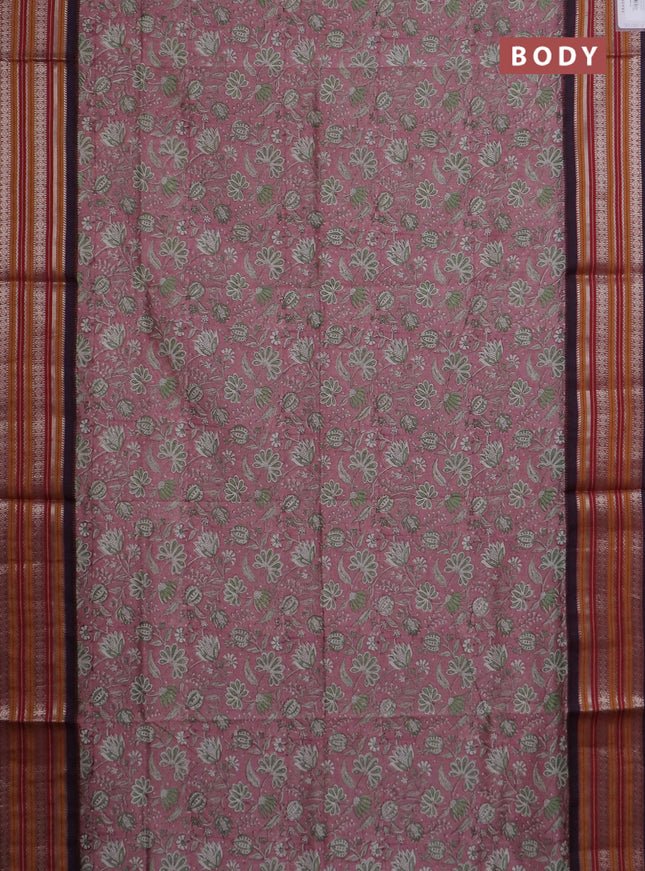 Maheshwari silk cotton saree pastel pink and multi colour with allover kalamkari prints and thread & silver zari woven border