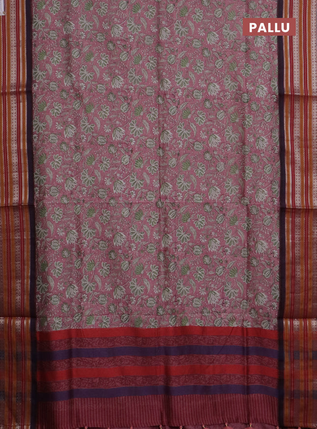Maheshwari silk cotton saree pastel pink and multi colour with allover kalamkari prints and thread & silver zari woven border