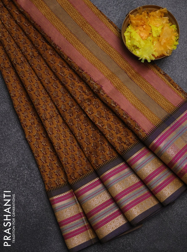 Maheshwari silk cotton saree mustard yellow and multi colour with allover floral prints and thread & silver zari woven border
