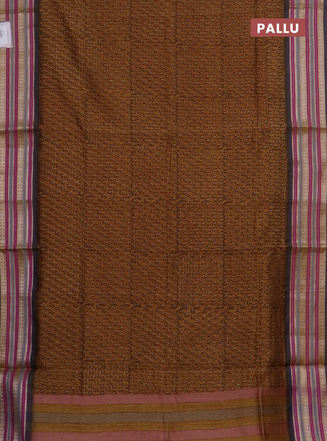 Maheshwari silk cotton saree mustard yellow and multi colour with allover floral prints and thread & silver zari woven border