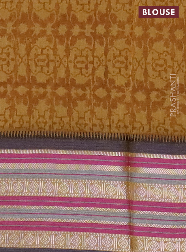 Maheshwari silk cotton saree mustard yellow and multi colour with allover floral prints and thread & silver zari woven border