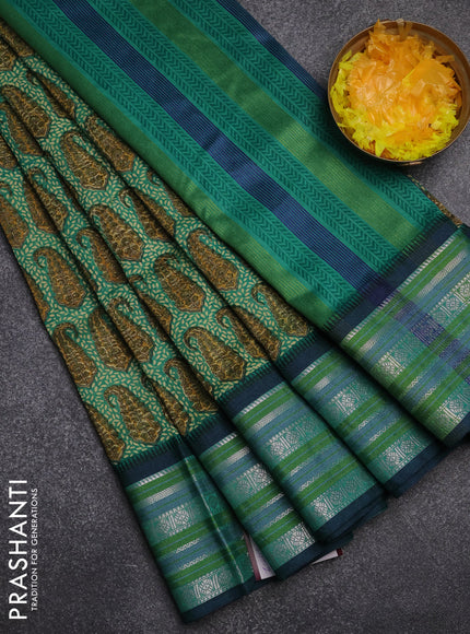 Maheshwari silk cotton saree teal green with allover paisley prints and thread & zari woven border