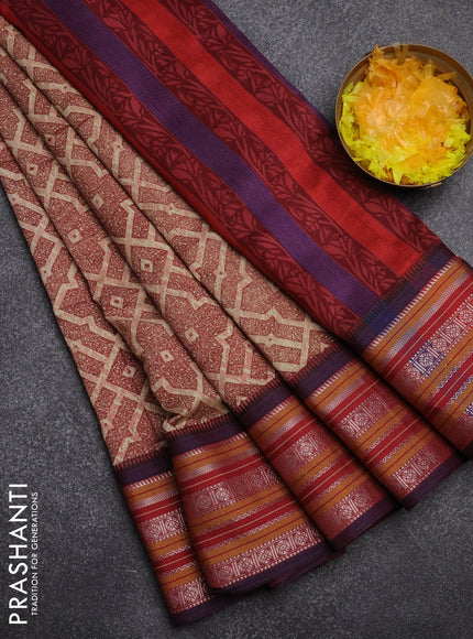 Maheshwari silk cotton saree maroon with allover prints and thread & zari woven border