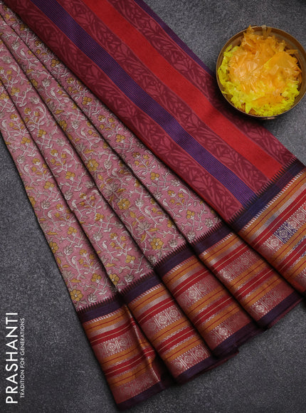Maheshwari silk cotton saree pastel pink and pastel maroon with allover prints and thread & silver zari woven border