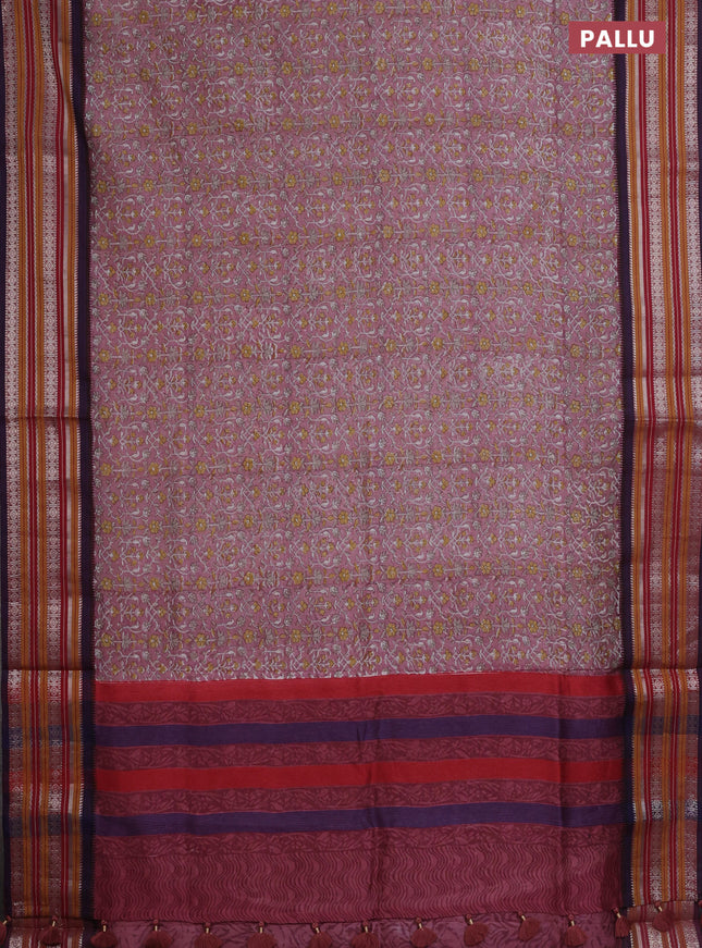 Maheshwari silk cotton saree pastel pink and pastel maroon with allover prints and thread & silver zari woven border
