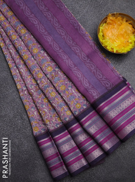 Maheshwari silk cotton saree pastel purple with allover prints and thread & silver zari woven border
