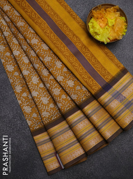 Maheshwari silk cotton saree mustard yellow with allover floral prints and thread & silver zari woven border