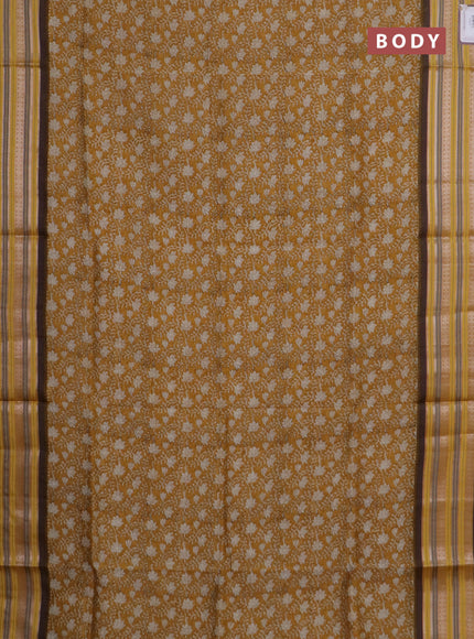Maheshwari silk cotton saree mustard yellow with allover floral prints and thread & silver zari woven border