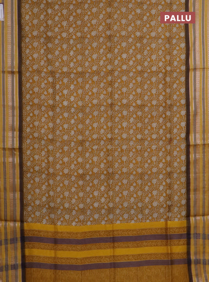 Maheshwari silk cotton saree mustard yellow with allover floral prints and thread & silver zari woven border