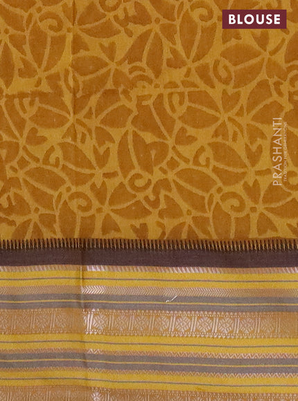Maheshwari silk cotton saree mustard yellow with allover floral prints and thread & silver zari woven border