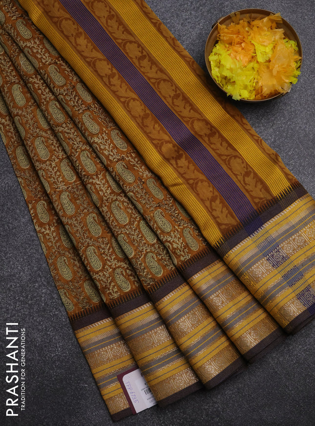 Maheshwari silk cotton saree dark mustard and multi colour with allover paisley prints and thread & silver zari woven border