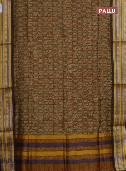 Maheshwari silk cotton saree dark mustard and multi colour with allover paisley prints and thread & silver zari woven border