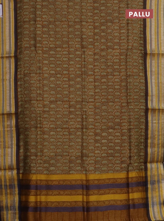 Maheshwari silk cotton saree dark mustard and multi colour with allover paisley prints and thread & silver zari woven border