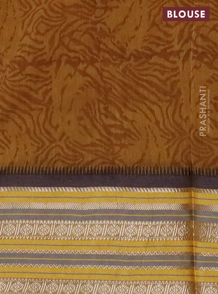 Maheshwari silk cotton saree dark mustard and multi colour with allover paisley prints and thread & silver zari woven border