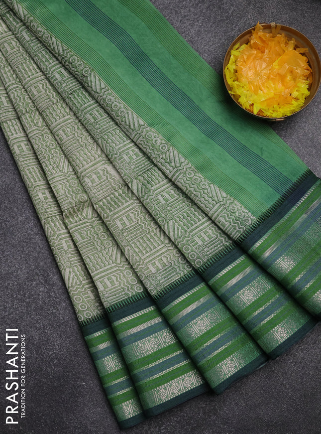Maheshwari silk cotton saree green with allover geometric prints and thread & silver zari woven border