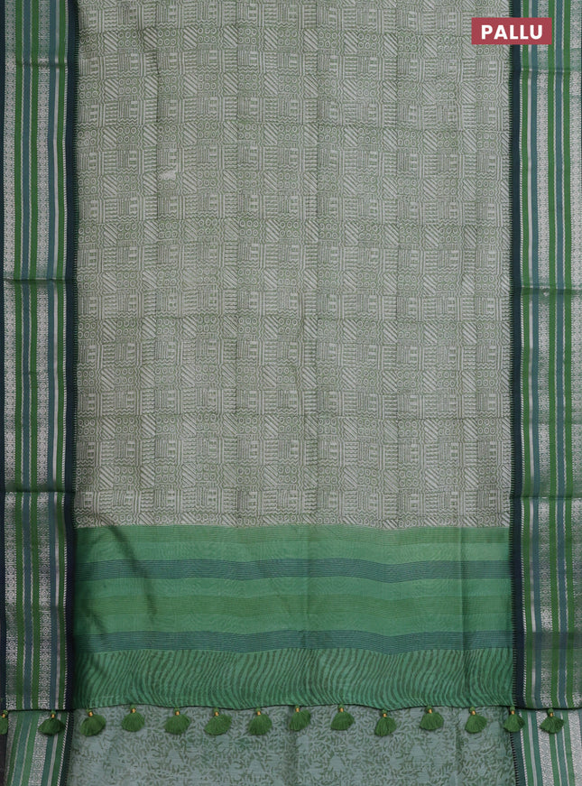 Maheshwari silk cotton saree green with allover geometric prints and thread & silver zari woven border