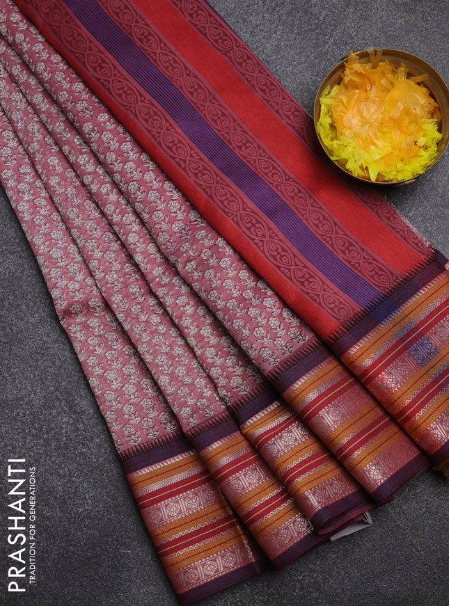 Maheshwari silk cotton saree pastel maroon with allover floral prints and thread & silver zari woven border
