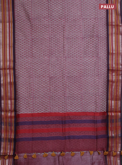Maheshwari silk cotton saree pastel maroon with allover floral prints and thread & silver zari woven border
