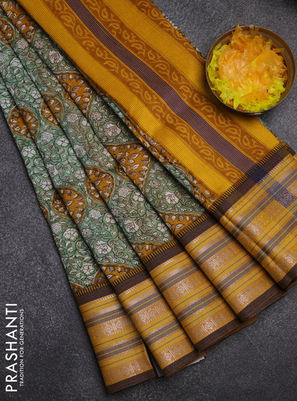 Maheshwari silk cotton saree mustard yellow with allover kalamkari prints and thread & silver zari woven border