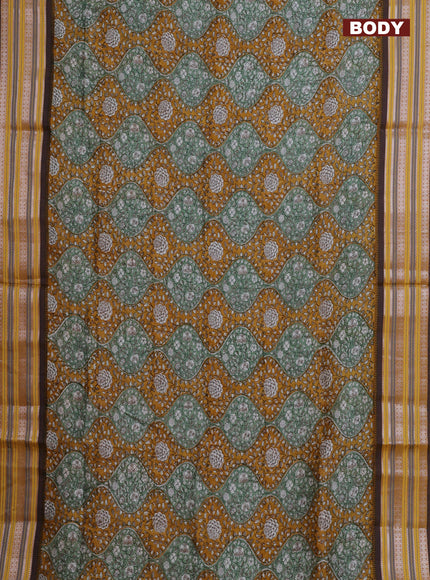 Maheshwari silk cotton saree mustard yellow with allover kalamkari prints and thread & silver zari woven border