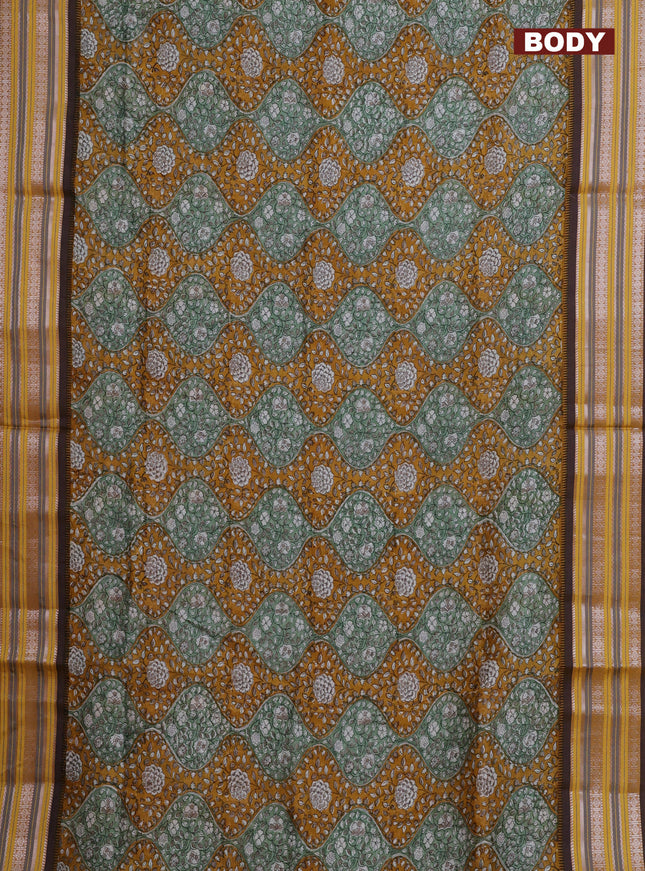 Maheshwari silk cotton saree mustard yellow with allover kalamkari prints and thread & silver zari woven border