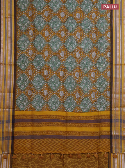 Maheshwari silk cotton saree mustard yellow with allover kalamkari prints and thread & silver zari woven border