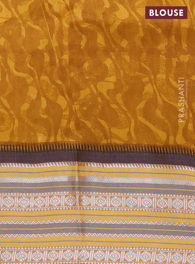 Maheshwari silk cotton saree mustard yellow with allover kalamkari prints and thread & silver zari woven border