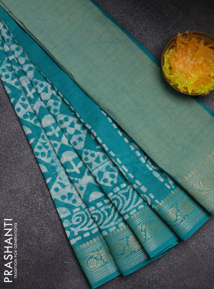 Maheshwari silk cotton saree teal green with batik prints and zari woven border