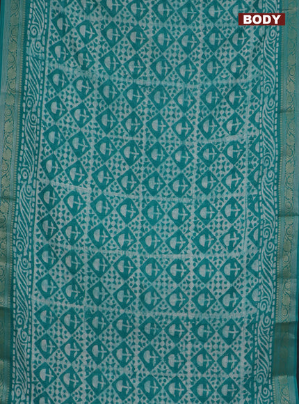 Maheshwari silk cotton saree teal green with batik prints and zari woven border