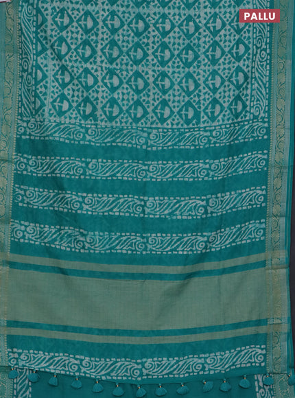 Maheshwari silk cotton saree teal green with batik prints and zari woven border