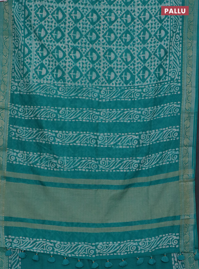 Maheshwari silk cotton saree teal green with batik prints and zari woven border