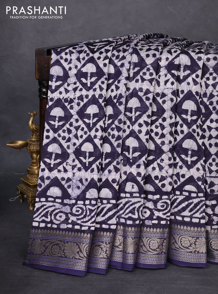 Maheshwari silk cotton saree navy blue with batik prints and zari woven border