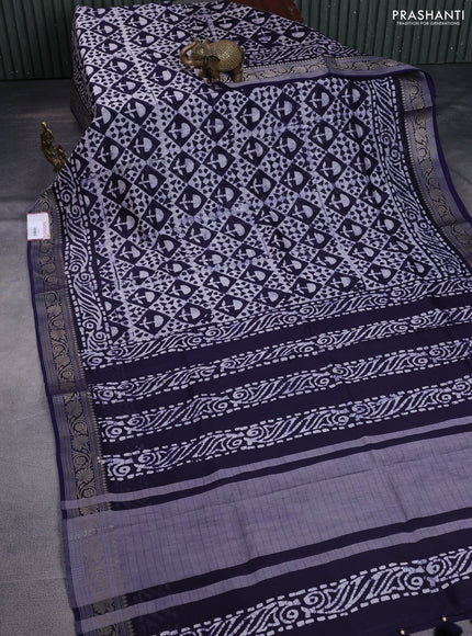 Maheshwari silk cotton saree navy blue with batik prints and zari woven border