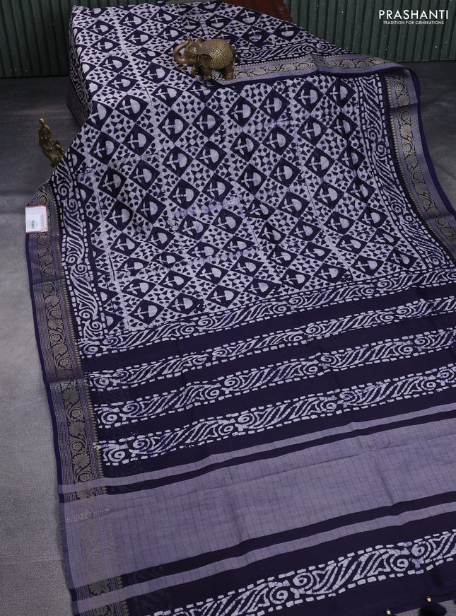 Maheshwari silk cotton saree navy blue with batik prints and zari woven border