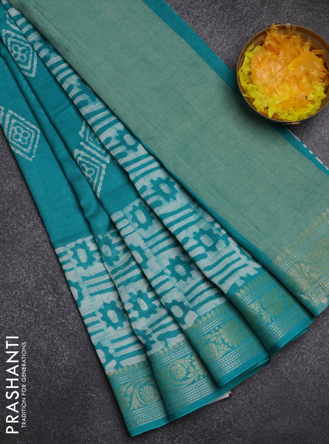 Maheshwari silk cotton saree teal green with batik prints and zari woven border