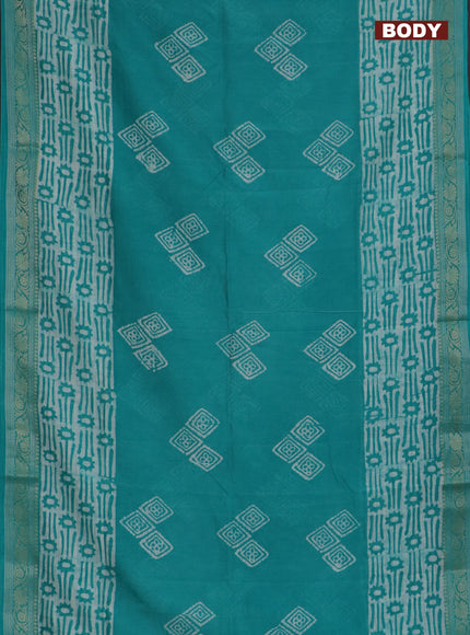 Maheshwari silk cotton saree teal green with batik prints and zari woven border