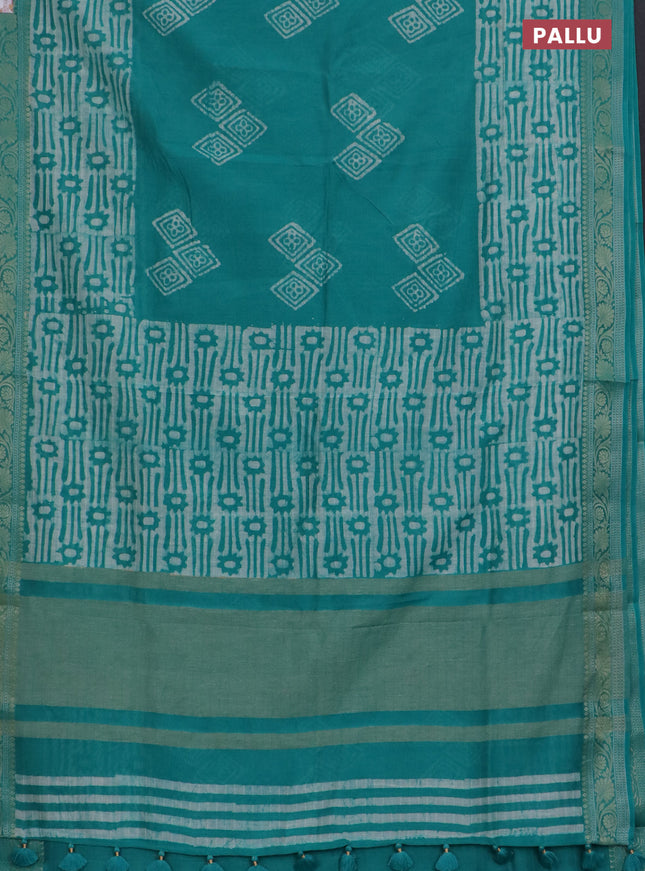Maheshwari silk cotton saree teal green with batik prints and zari woven border