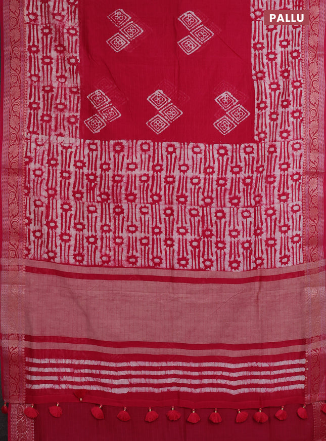 Maheshwari silk cotton saree pink with batik prints and zari woven border