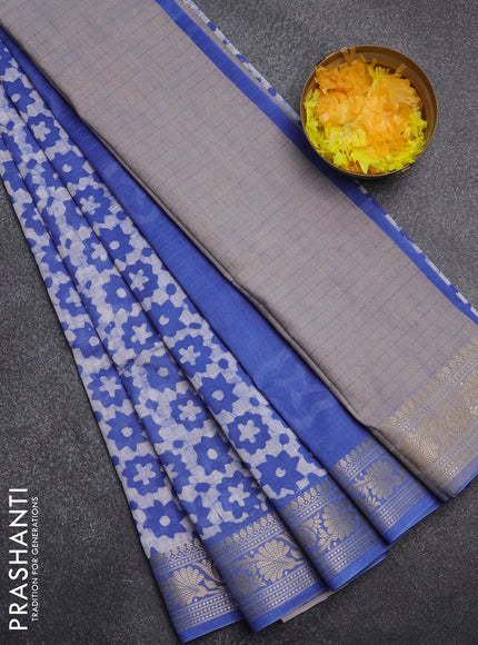 Maheshwari silk cotton saree blue with batik prints and zari woven border