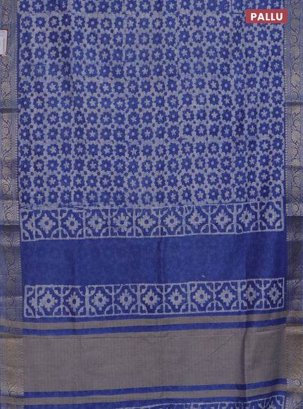 Maheshwari silk cotton saree blue with batik prints and zari woven border